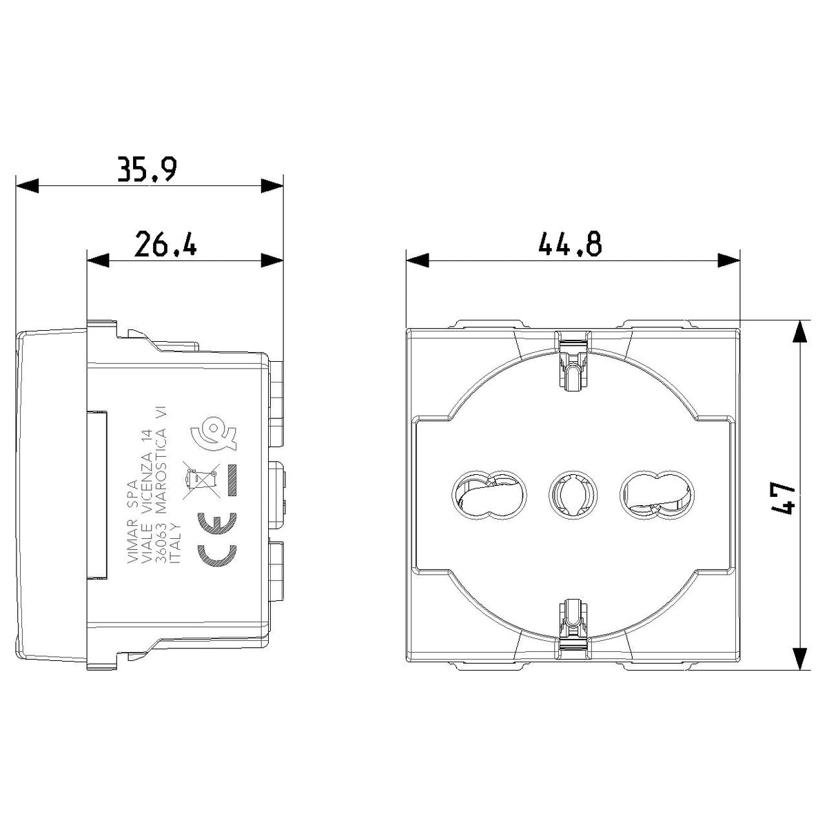 Vimar Neve Up 2P+E 16A Universal SICURY Socket Outlet, 250V, 2-Module — Quality Boat Parts