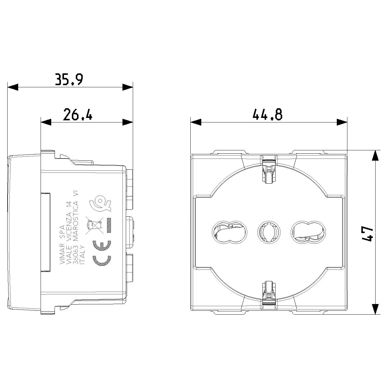 Vimar Neve Up 2P+E 16A Universal SICURY Socket Outlet, 250V, 2-Module — Quality Boat Parts