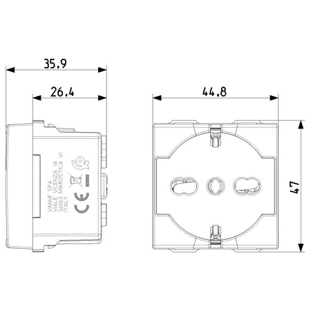 Vimar Neve Up 2P+E 16A Universal SICURY Socket Outlet, 250V, 2-Module — Quality Boat Parts
