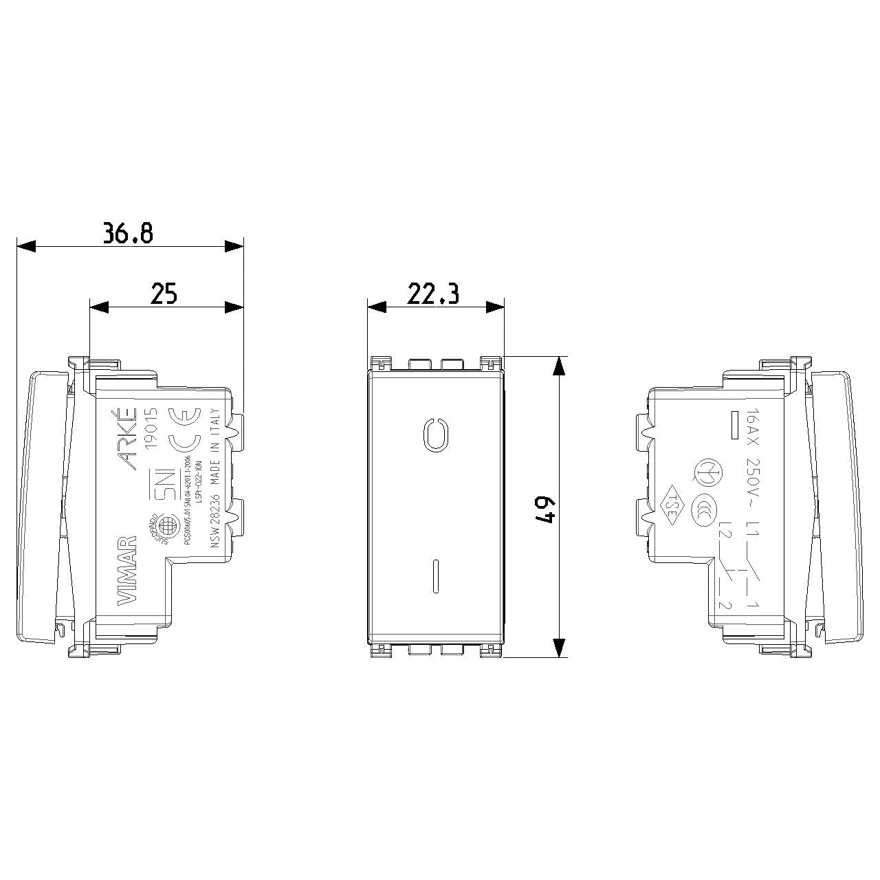 Vimar Arké 19015 2-Pole 1-Way Rocker Switch, 16AX, 250V~, IP40, Flush-Mount, Lightable, Replaceable Button — Quality Boat Parts