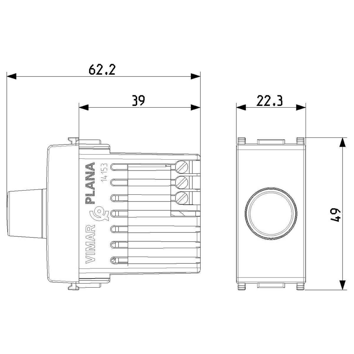 Vimar Plana Dimmer, 230V, 100-500W, For Incandescent Lamps, Push-Push Rotary Control, IP40 — Quality Boat Parts