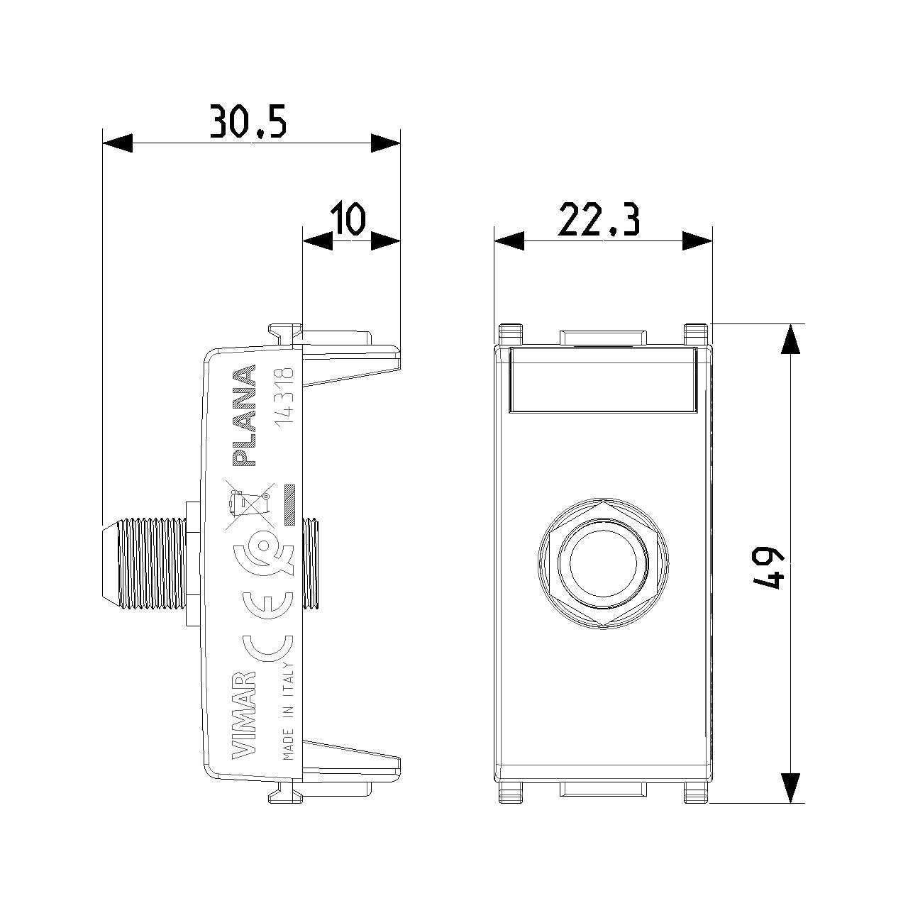 Vimar Plana Coaxial F-Type Female Socket Connector, End Socket, 2400 MHz, Snap Mounting, Remote Power Supply Compatible — Quality Boat Parts