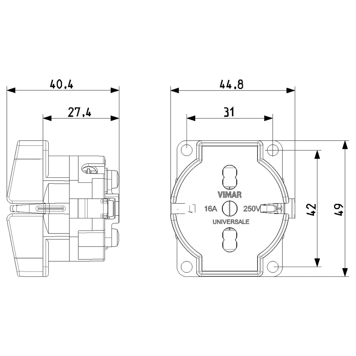Vimar SICURY Universal Outlet Insert, 2P+T, 16A, 250V, IP20, Screw Terminal, Halogen-Free — Quality Boat Parts