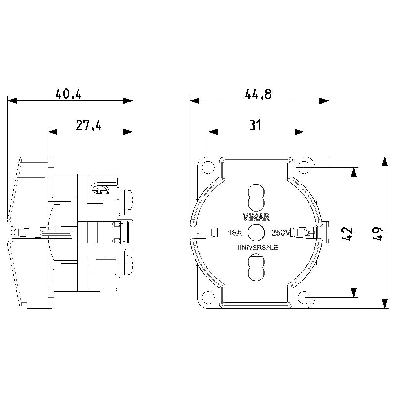 Vimar SICURY Universal Outlet Insert, 2P+T, 16A, 250V, IP20, Screw Terminal, Halogen-Free — Quality Boat Parts