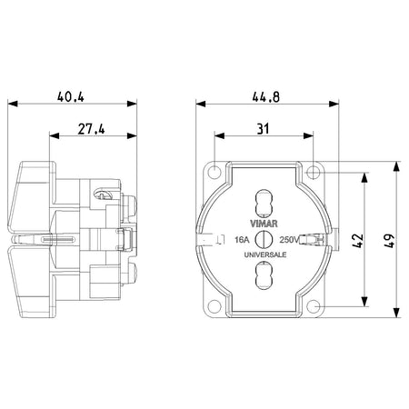 Vimar SICURY Universal Outlet Insert, 2P+T, 16A, 250V, IP20, Screw Terminal, Halogen-Free — Quality Boat Parts