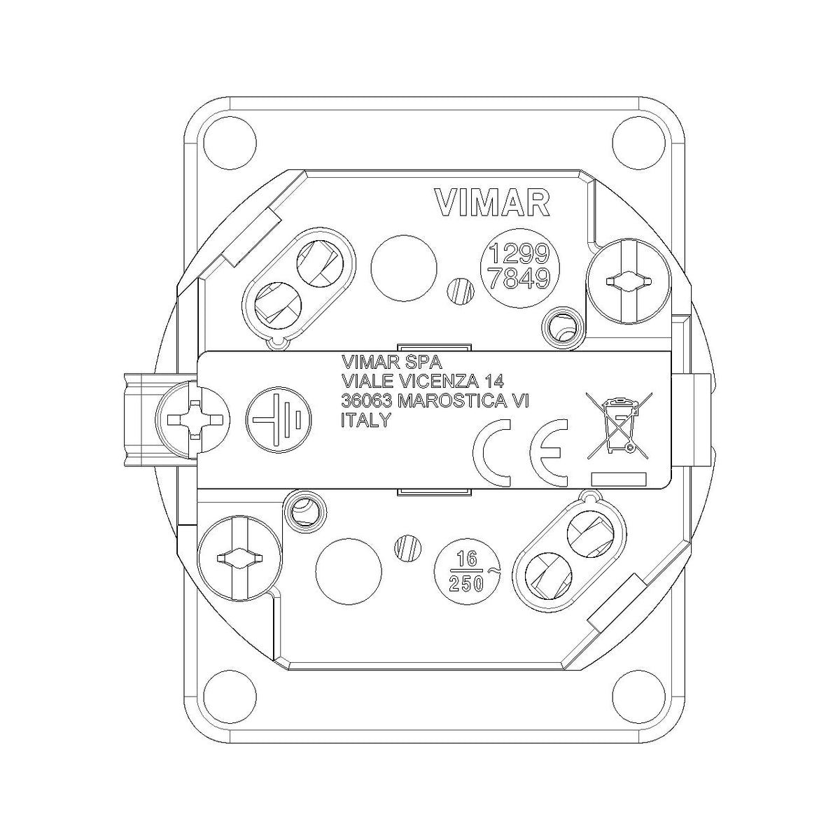 Vimar SICURY Universal Outlet Insert, 2P+T, 16A, 250V, IP20, Screw Terminal, Halogen-Free — Quality Boat Parts