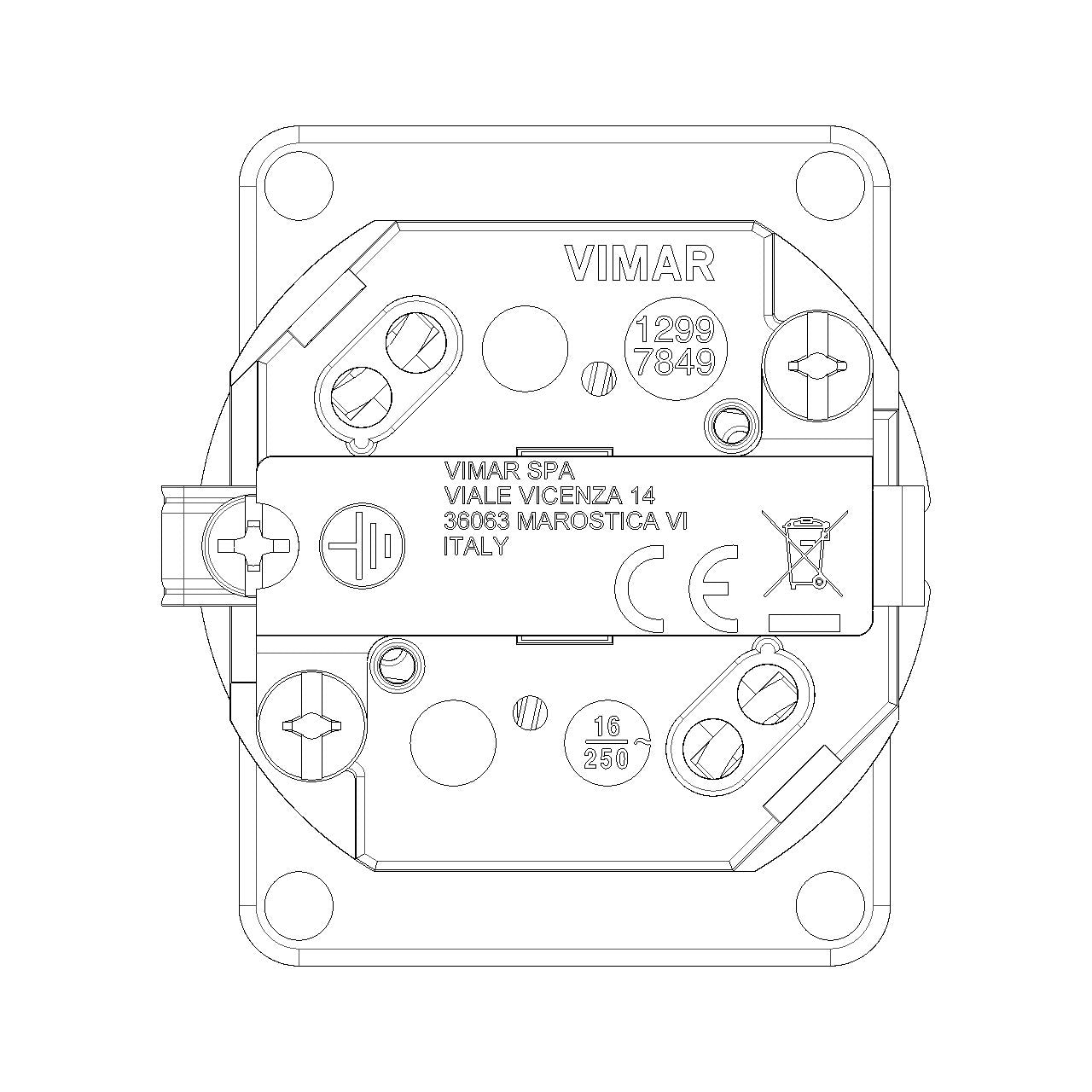 Vimar SICURY Universal Outlet Insert, 2P+T, 16A, 250V, IP20, Screw Terminal, Halogen-Free — Quality Boat Parts