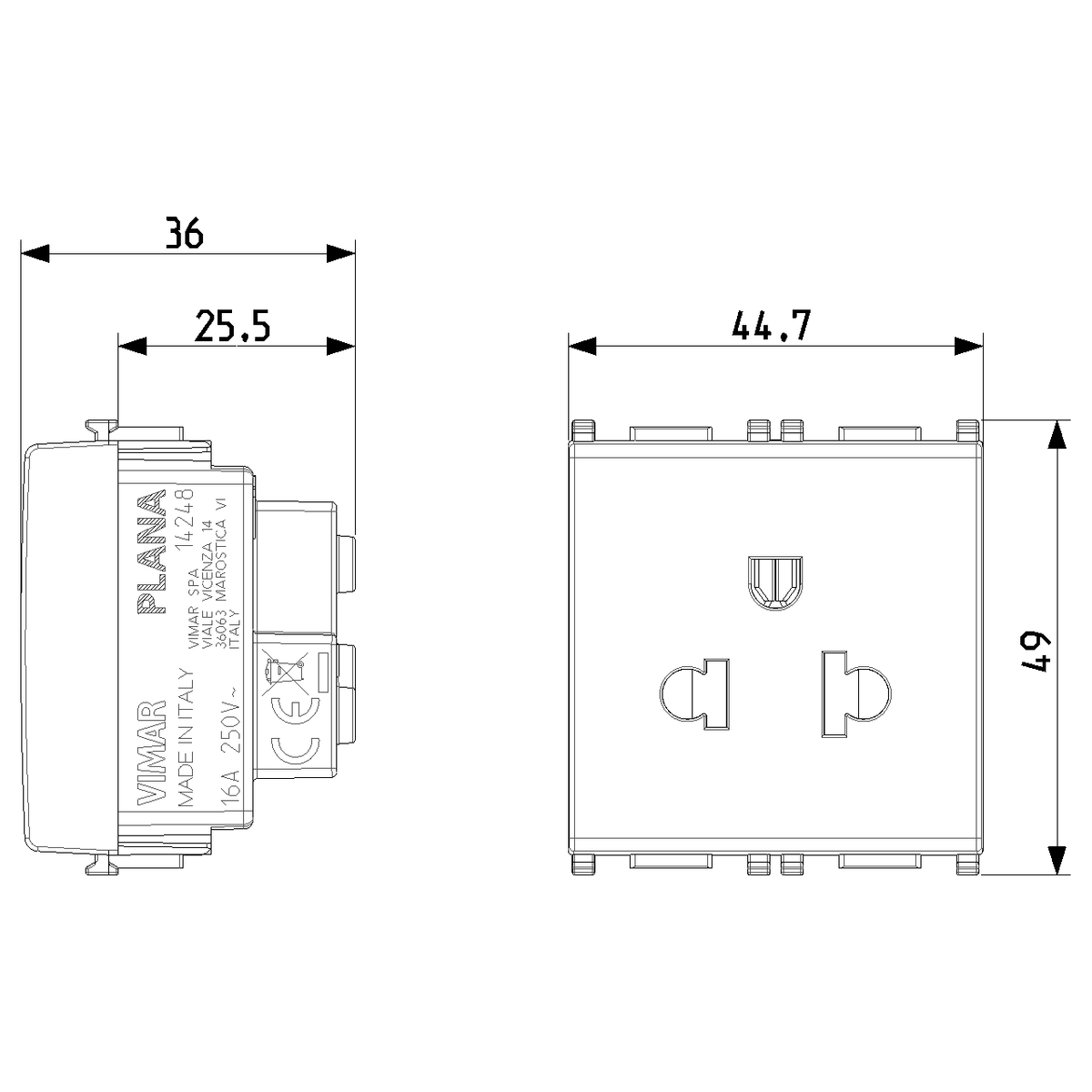Vimar PLANA USA/EU SICURY Socket Outlet, 16A 250V, 2P+E, 2-Module — Quality Boat Parts