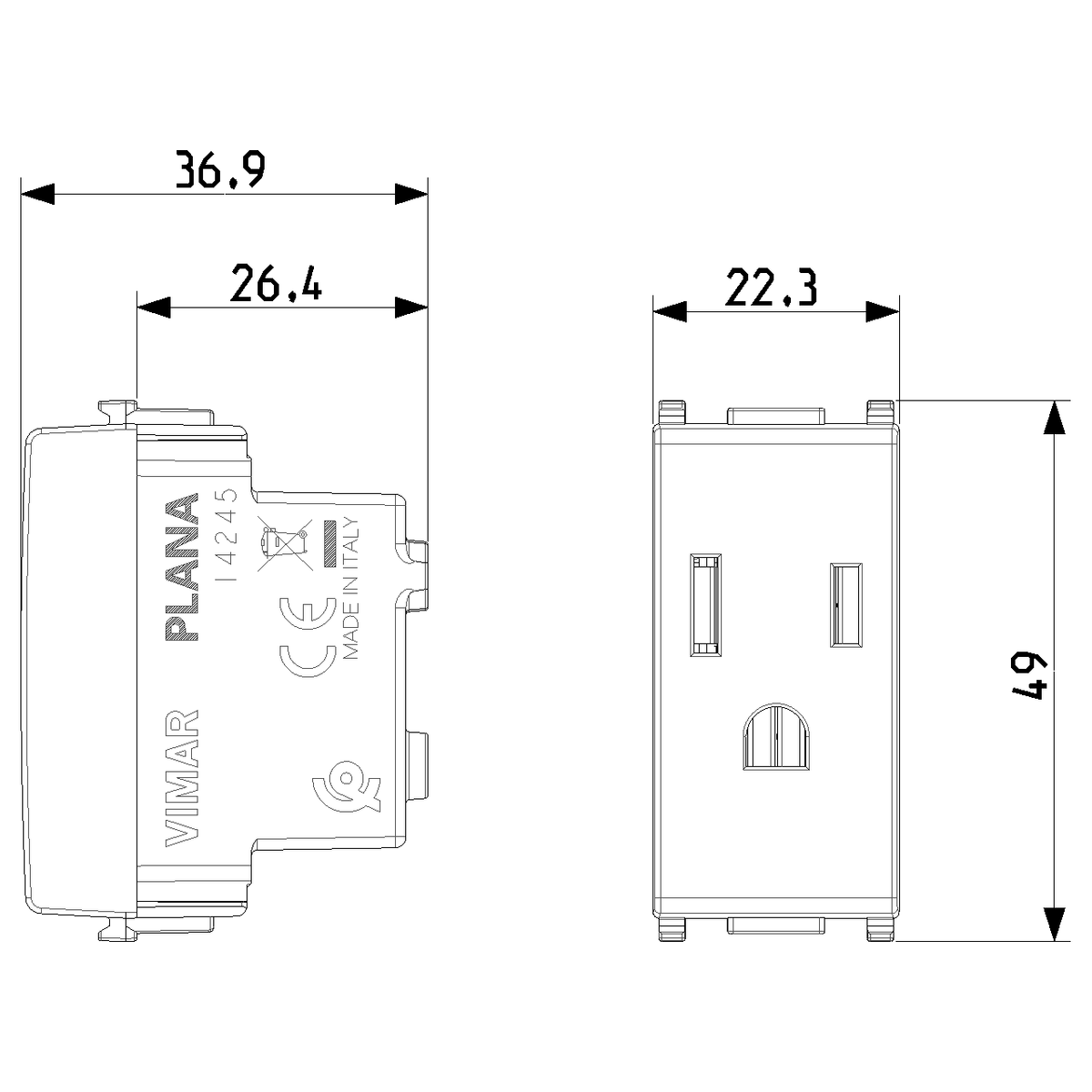 Vimar Plana 2P+E USA Socket Outlet, 15A 127V, Flush-Mounted, IP20 — Quality Boat Parts