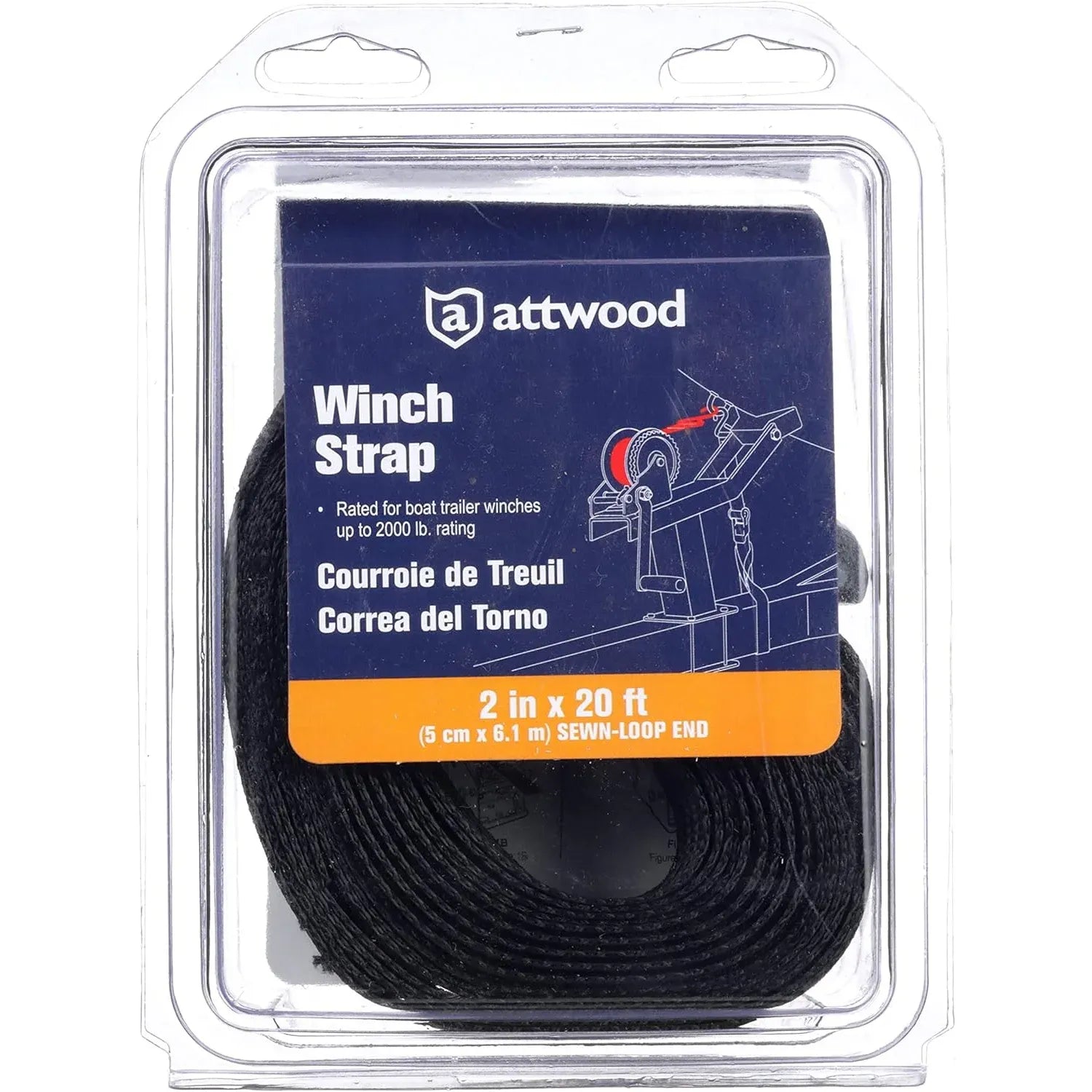 Attwood Marine Trailer Winch Strap, 2 in x 20 ft, 2,000 lb Capacity, Sewn-Loop End, Forged Steel Snap Hook — Quality Boat Parts