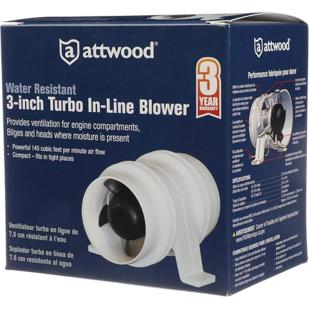 Attwood Marine Turbo 3000 Series Water-Resistant In-Line Bilge Blower, 3 in, 12V, 145 CFM, White Housing — Quality Boat Parts