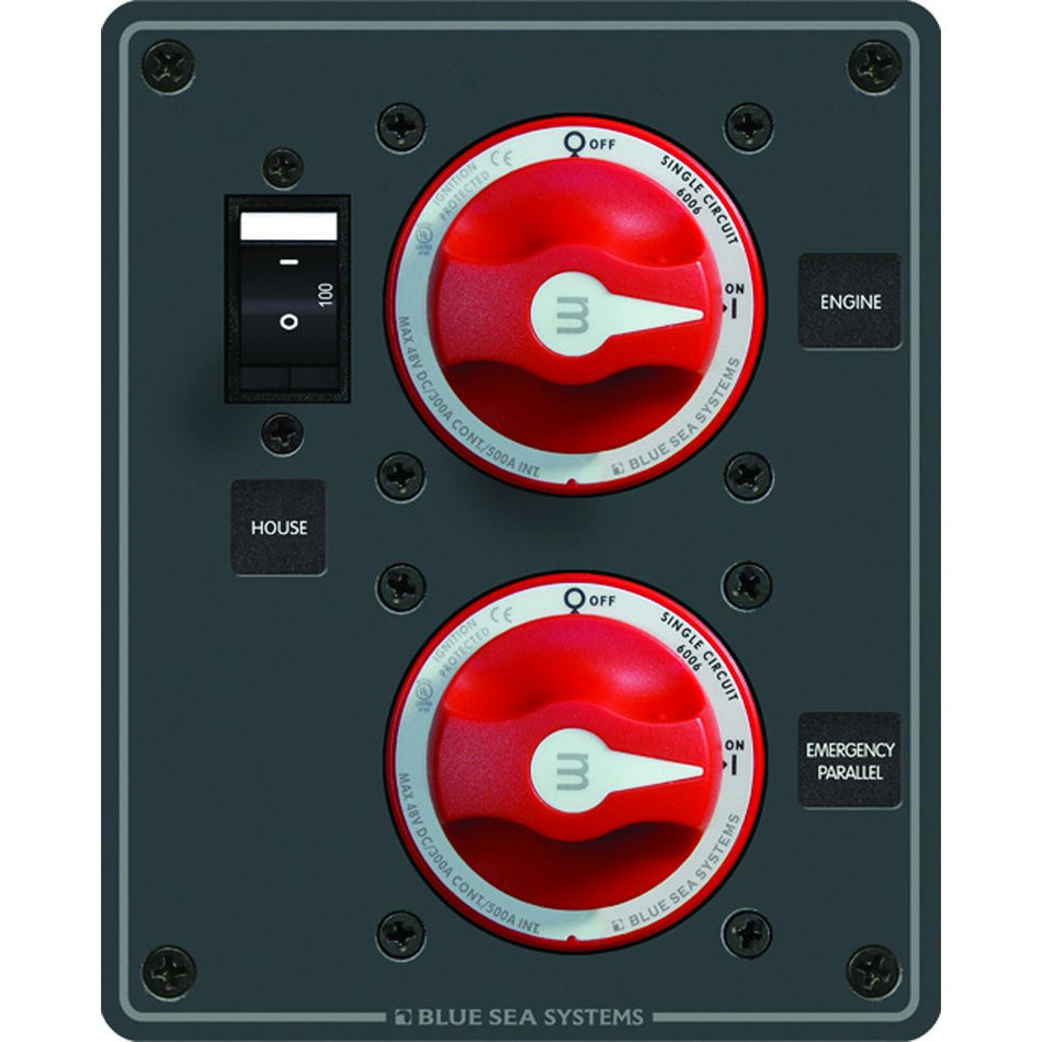 Blue Sea Systems Dual Battery Bank Management Panel, 32V DC, 300A, 2 m-Series ON/OFF Switches, 100A Circuit Breaker, Ignition Protected — Quality Boat Parts