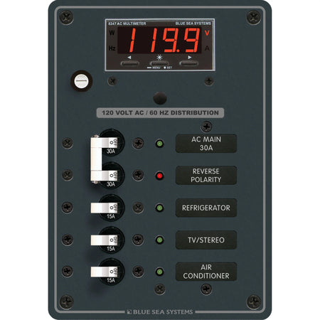 Blue Sea Systems AC Main + 3 Positions Circuit Breaker Panel, 120V AC, 30A Main, Digital Multimeter — Quality Boat Parts