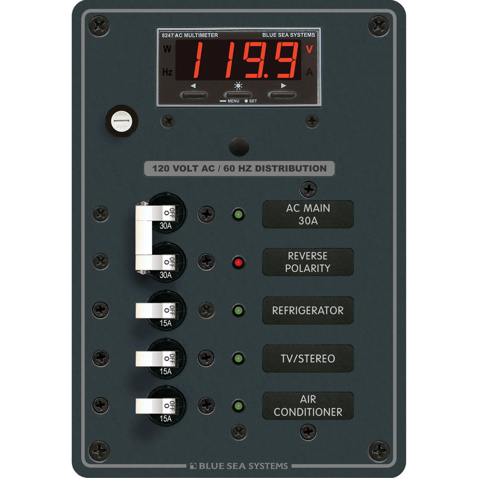 Blue Sea Systems AC Main + 3 Positions Circuit Breaker Panel, 120V AC, 30A Main, Digital Multimeter — Quality Boat Parts