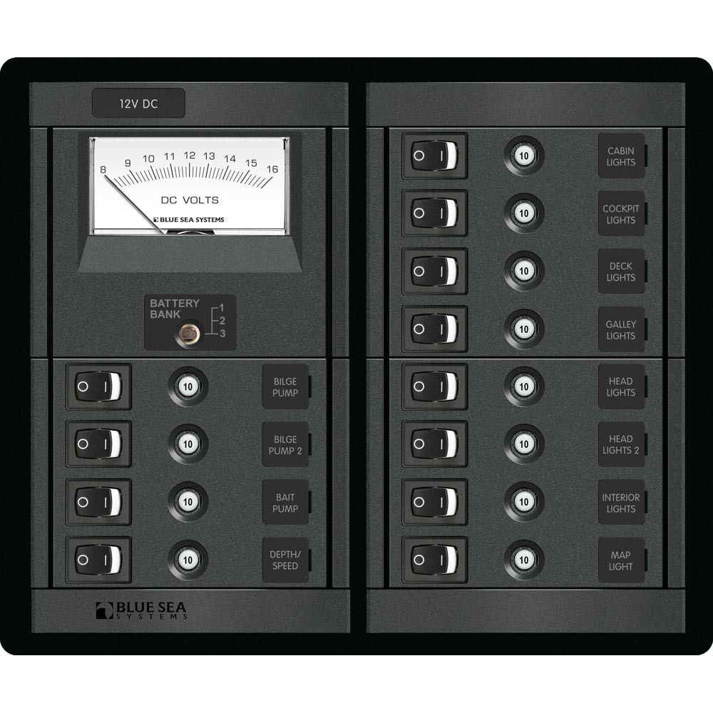 Blue Sea Systems 360 12 Position DC Branch Circuit Breaker Panel, 12V, 120A, Analog Voltmeter, Square Format — Quality Boat Parts
