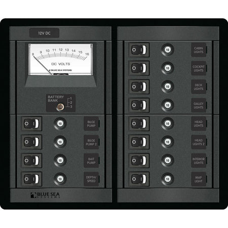 Blue Sea Systems 360 12 Position DC Branch Circuit Breaker Panel, 12V, 120A, Analog Voltmeter, Square Format — Quality Boat Parts