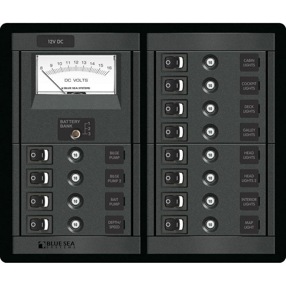 Blue Sea Systems 360 12 Position DC Branch Circuit Breaker Panel, 12V, 120A, Analog Voltmeter, Square Format — Quality Boat Parts