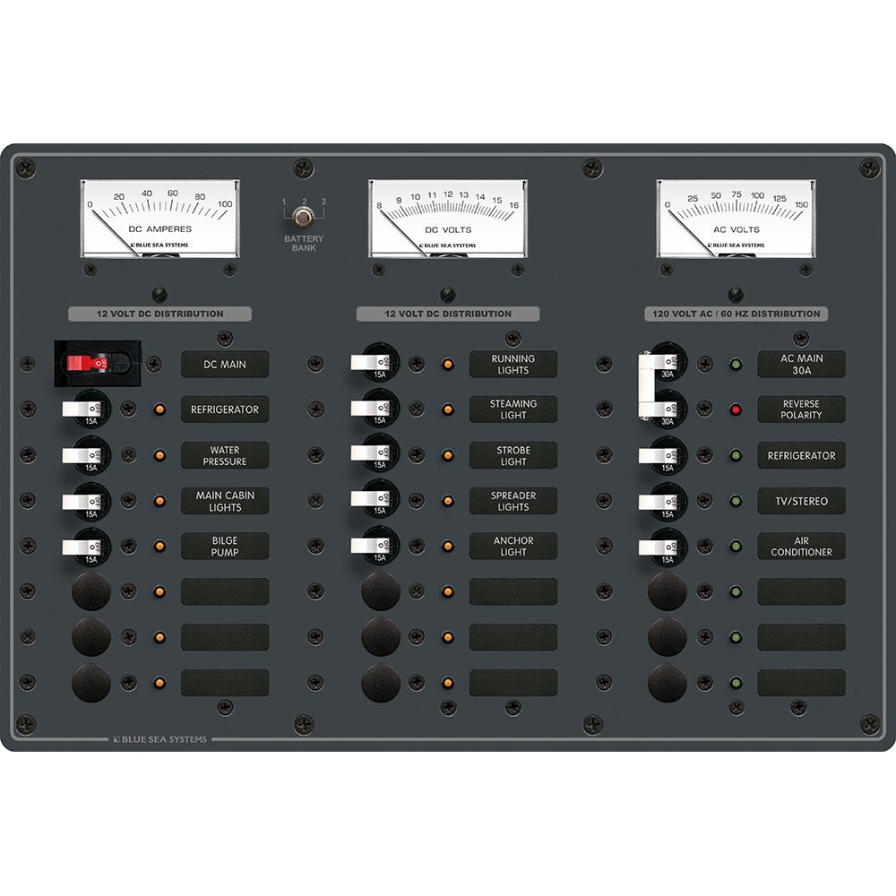 Blue Sea Systems AC/DC Main Circuit Breaker Panel, 6 AC/15 DC Positions, 120V AC/12V DC, 50A AC/100A DC, White Toggles — Quality Boat Parts