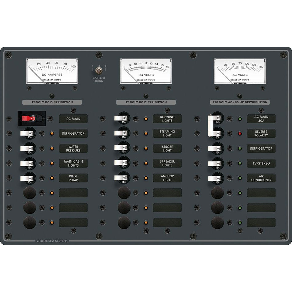 Blue Sea Systems AC/DC Main Circuit Breaker Panel, 6 AC/15 DC Positions, 120V AC/12V DC, 50A AC/100A DC, White Toggles — Quality Boat Parts