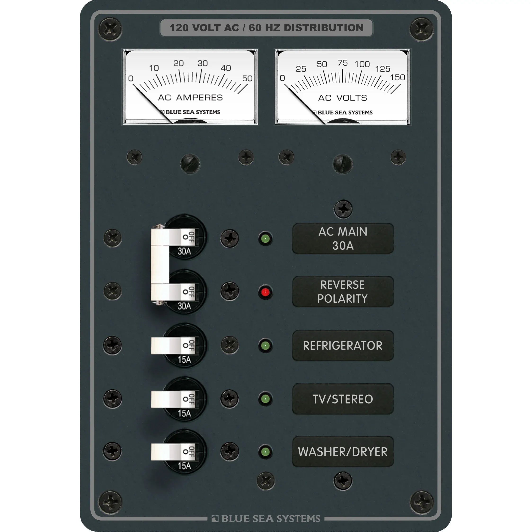 Blue Sea Systems AC Main + 3 Positions Circuit Breaker Panel, 120V AC, 30A Main, 3 x 15A Branch Breakers, Analog Volt and Amp Meters — Quality Boat Parts