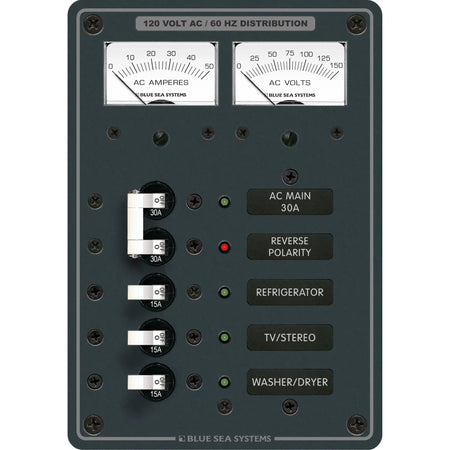 Blue Sea Systems AC Main + 3 Positions Circuit Breaker Panel, 120V AC, 30A Main, 3 x 15A Branch Breakers, Analog Volt and Amp Meters — Quality Boat Parts