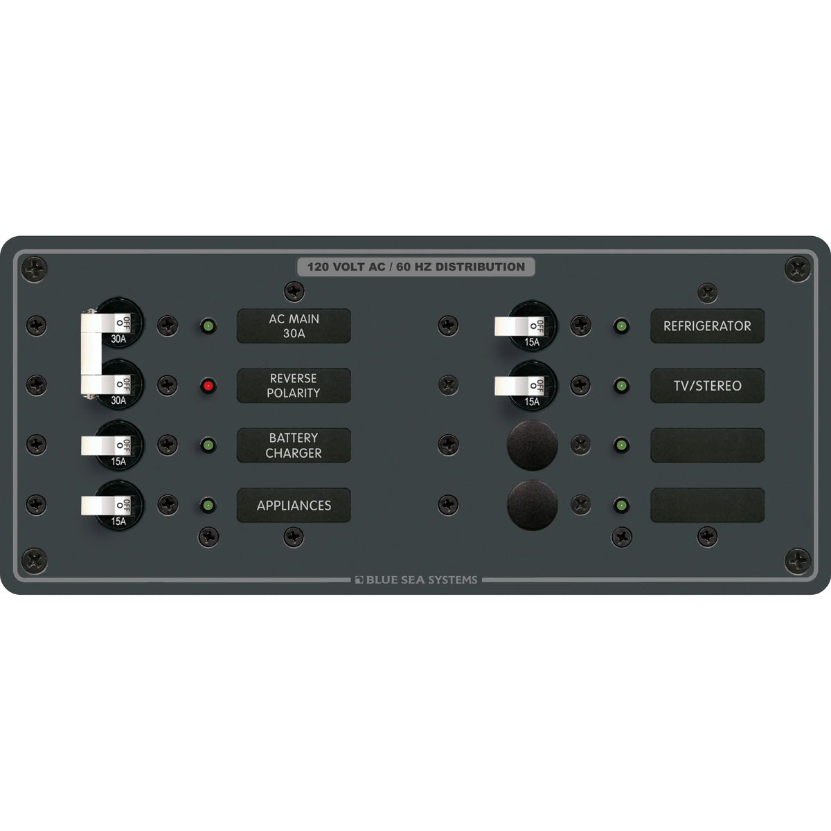 Blue Sea Systems AC Main 6-Position Circuit Breaker Panel, 120V AC, 30A Double Pole Main, 4 x 15A Branch — Quality Boat Parts