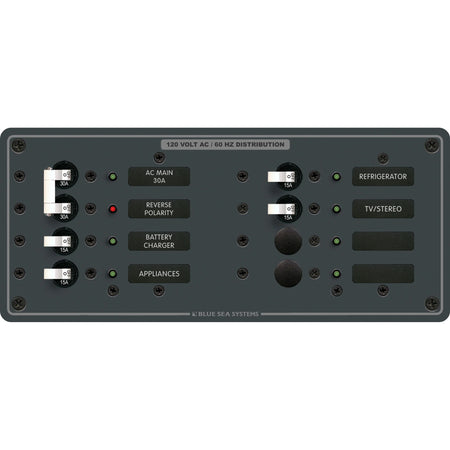 Blue Sea Systems AC Main 6-Position Circuit Breaker Panel, 120V AC, 30A Double Pole Main, 4 x 15A Branch — Quality Boat Parts