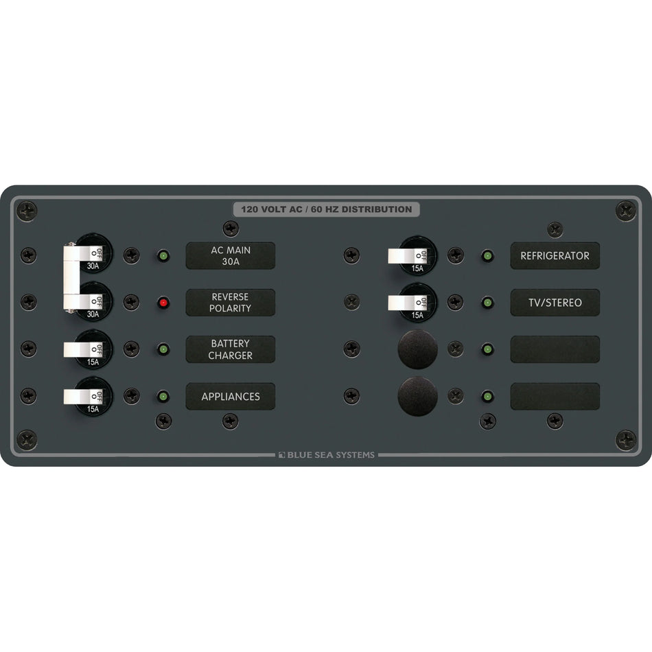 Blue Sea Systems AC Main 6-Position Circuit Breaker Panel, 120V AC, 30A Double Pole Main, 4 x 15A Branch — Quality Boat Parts
