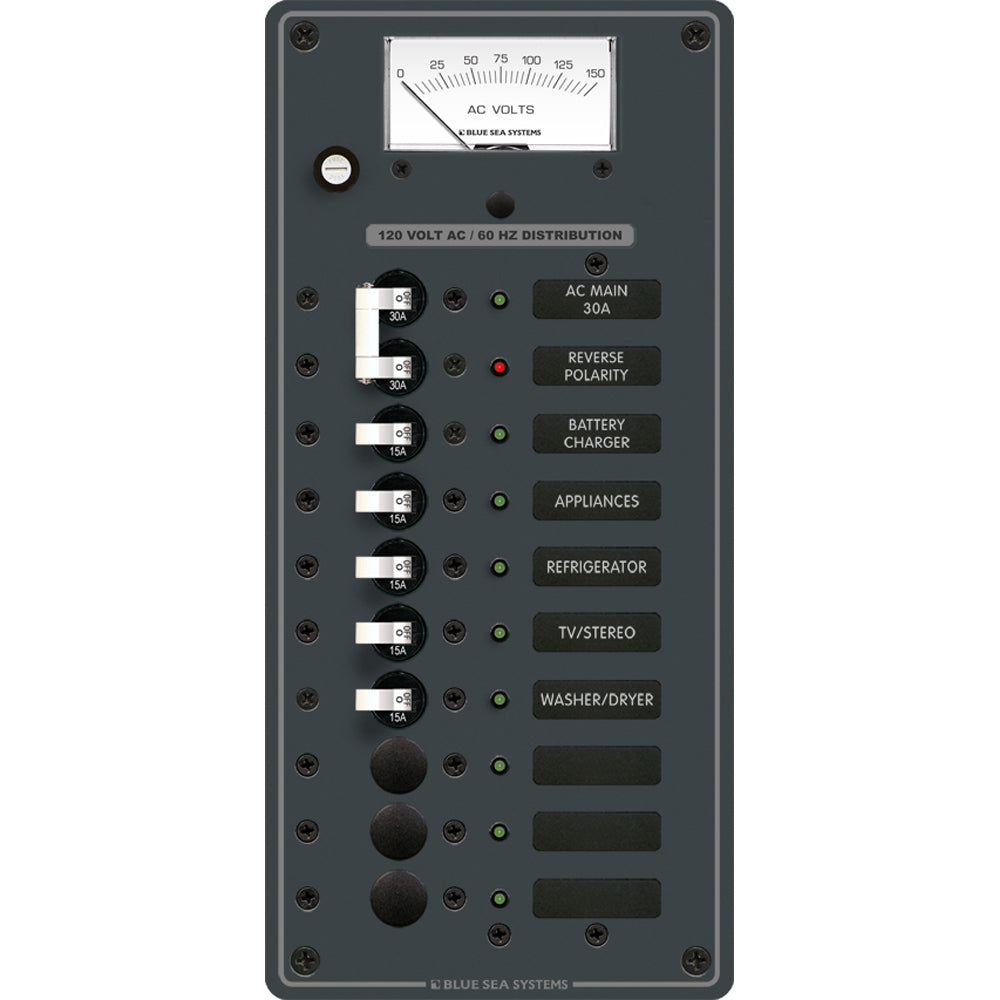 Blue Sea Systems AC Main + 8 Position Circuit Breaker Panel, 120V AC, Analog Voltmeter — Quality Boat Parts