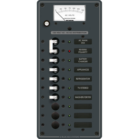 Blue Sea Systems AC Main + 8 Position Circuit Breaker Panel, 120V AC, Analog Voltmeter — Quality Boat Parts