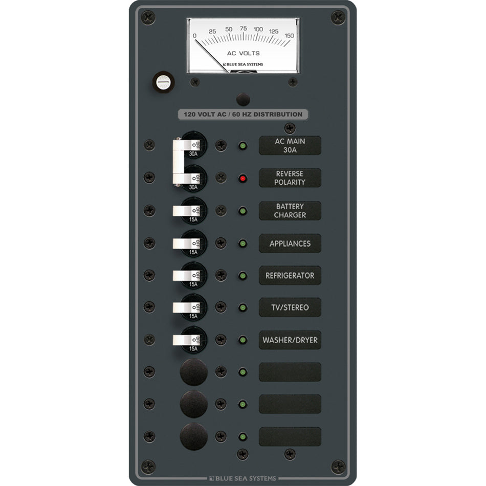 Blue Sea Systems AC Main + 8 Position Circuit Breaker Panel, 120V AC, Analog Voltmeter — Quality Boat Parts