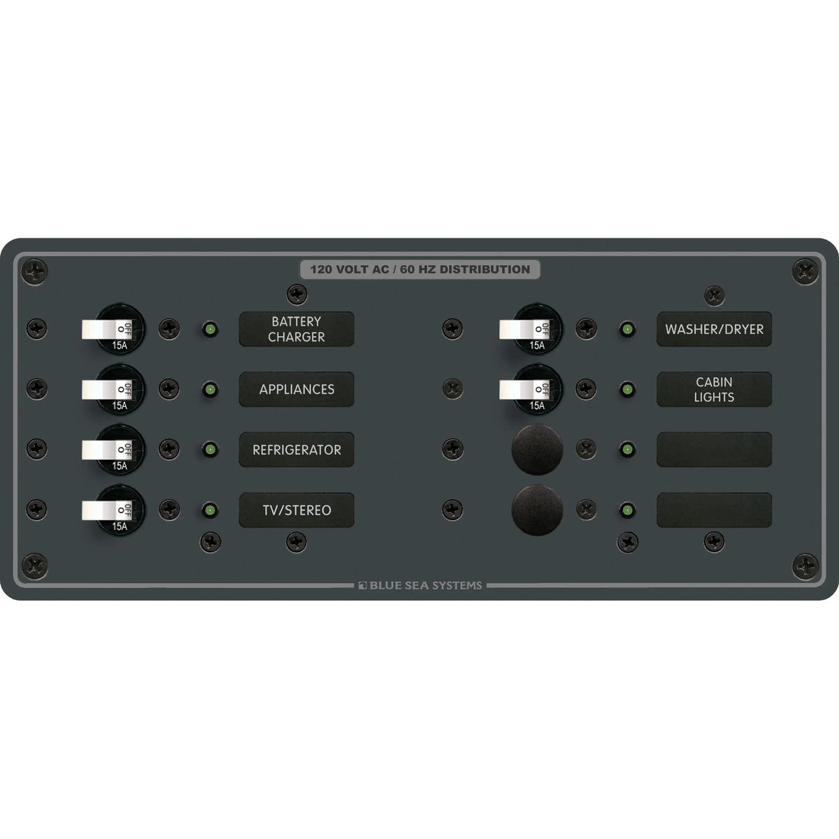 Blue Sea Systems AC 8 Position Branch Circuit Breaker Panel, 120V AC, 100A, 6 x 15A Breakers — Quality Boat Parts