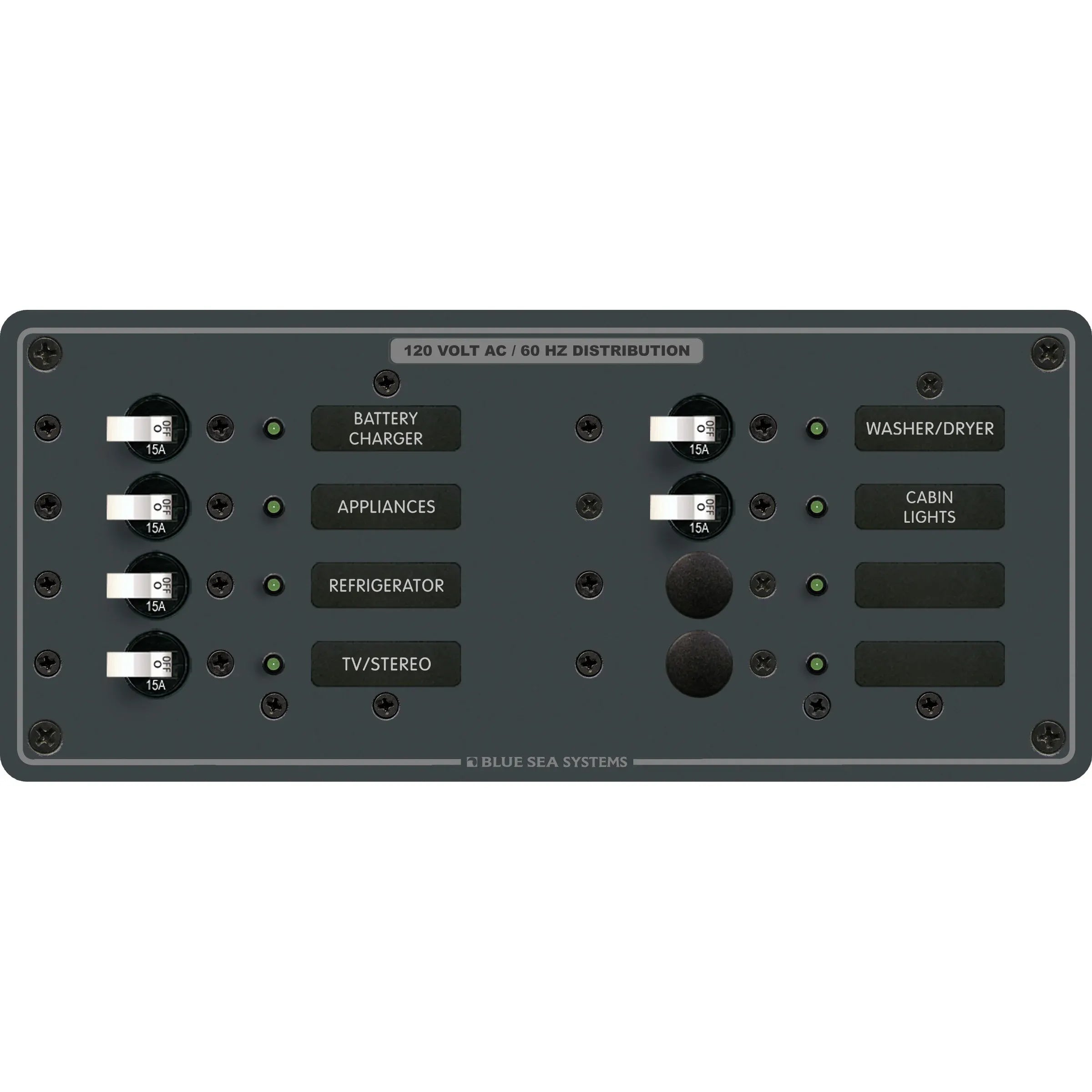 Blue Sea Systems AC 8 Position Branch Circuit Breaker Panel, 120V AC, 100A, 6 x 15A Breakers — Quality Boat Parts