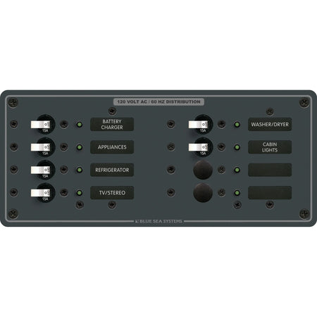 Blue Sea Systems AC 8 Position Branch Circuit Breaker Panel, 120V AC, 100A, 6 x 15A Breakers — Quality Boat Parts