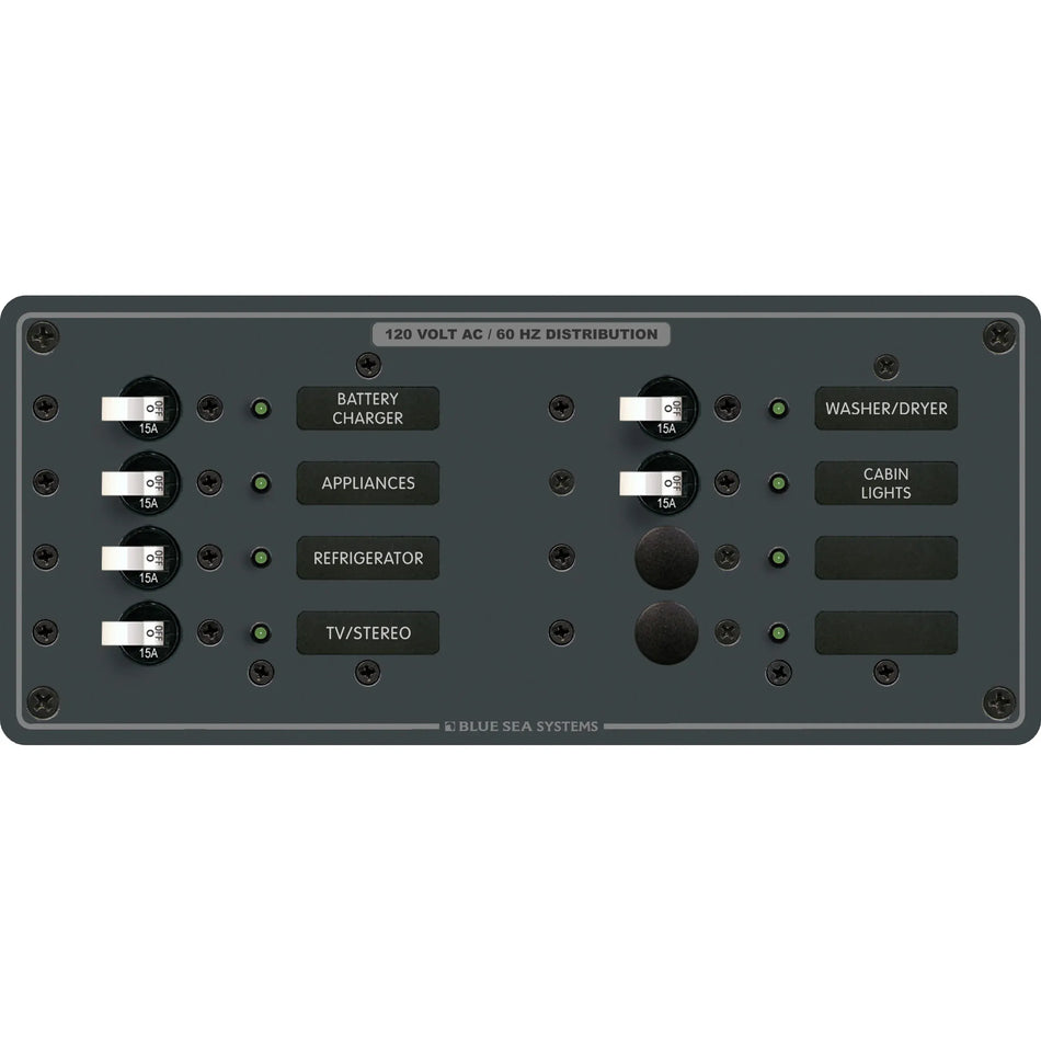 Blue Sea Systems AC 8 Position Branch Circuit Breaker Panel, 120V AC, 100A, 6 x 15A Breakers — Quality Boat Parts