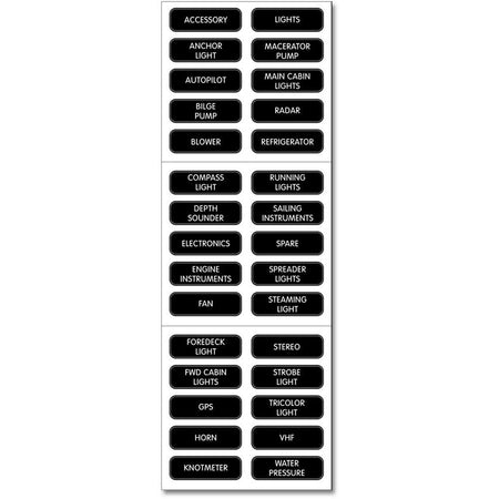Blue Sea Systems Basic DC Panel Label Set, For Contura Waterproof Fuse Panels, For ST Glass Fuse Blocks, For Raised Rocker and Toggle Circuit Breaker Panels, 30 Labels — Quality Boat Parts
