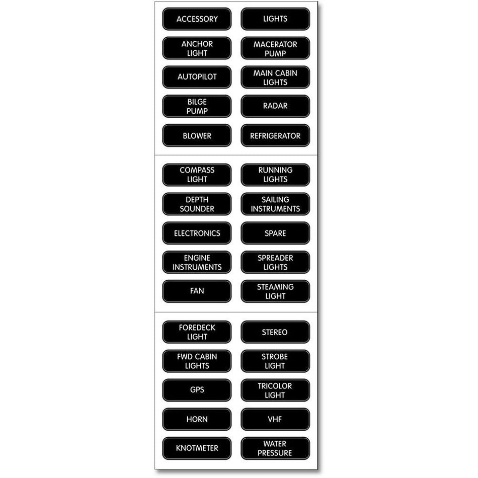 Blue Sea Systems Basic DC Panel Label Set, For Contura Waterproof Fuse Panels, For ST Glass Fuse Blocks, For Raised Rocker and Toggle Circuit Breaker Panels, 30 Labels — Quality Boat Parts