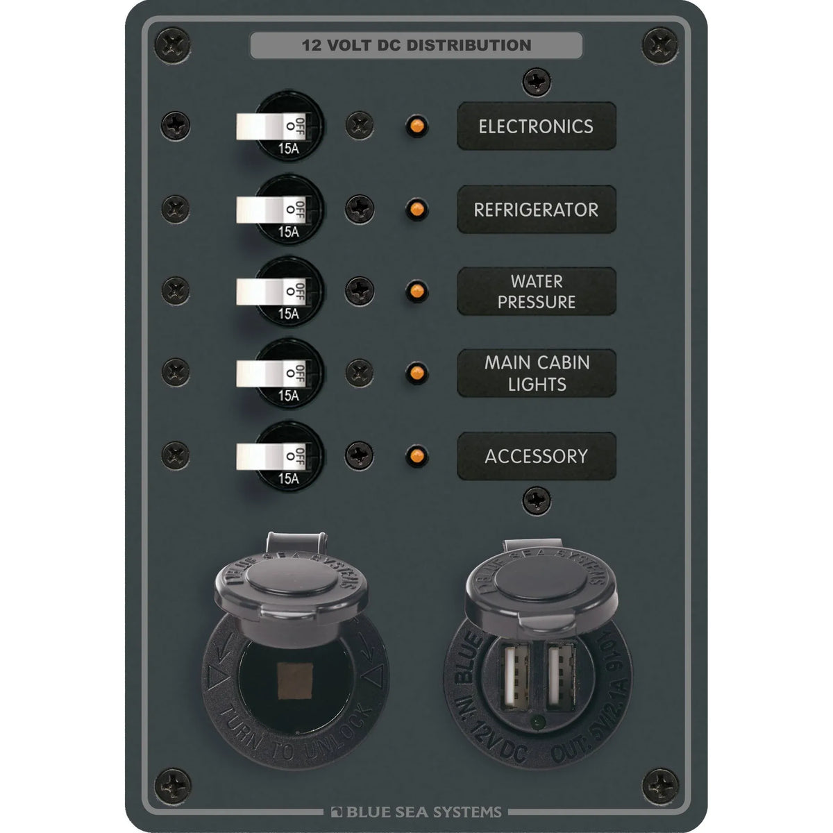 Blue Sea Systems Traditional Metal DC Panel, 5 Positions, 12V, 50A, Dual USB Charger, 12V Dash Socket — Quality Boat Parts