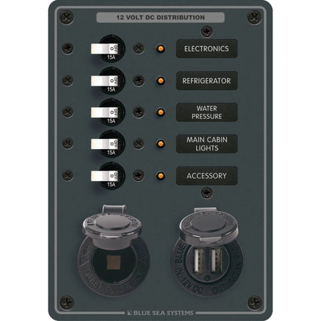 Blue Sea Systems Traditional Metal DC Panel, 5 Positions, 12V, 50A, Dual USB Charger, 12V Dash Socket — Quality Boat Parts