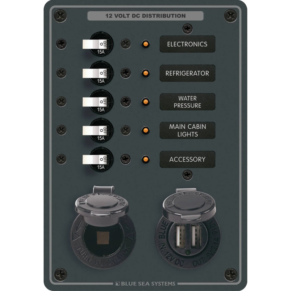 Blue Sea Systems Traditional Metal DC Panel, 5 Positions, 12V, 50A, Dual USB Charger, 12V Dash Socket — Quality Boat Parts