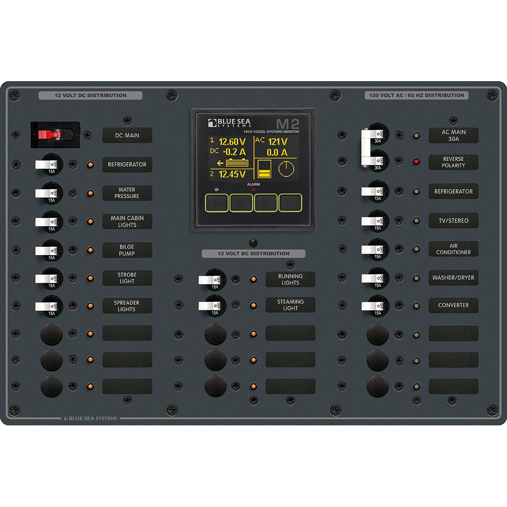 Blue Sea Systems Traditional Metal AC/DC Panel, M2 Vessel Systems Monitor, NMEA 2000, 8 AC/14 DC Positions — Quality Boat Parts