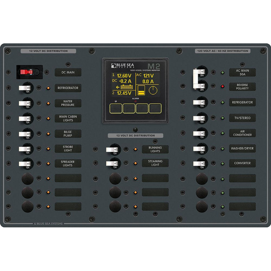 Blue Sea Systems Traditional Metal AC/DC Panel, M2 Vessel Systems Monitor, NMEA 2000, 8 AC/14 DC Positions — Quality Boat Parts
