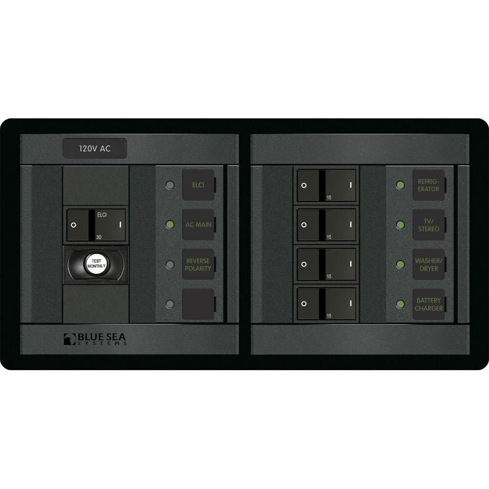 Blue Sea Systems 360 Panel ELCI Main Circuit Breaker Panel, 120V AC, 30A, Double Pole, 4 Branch Positions, Horizontal — Quality Boat Parts