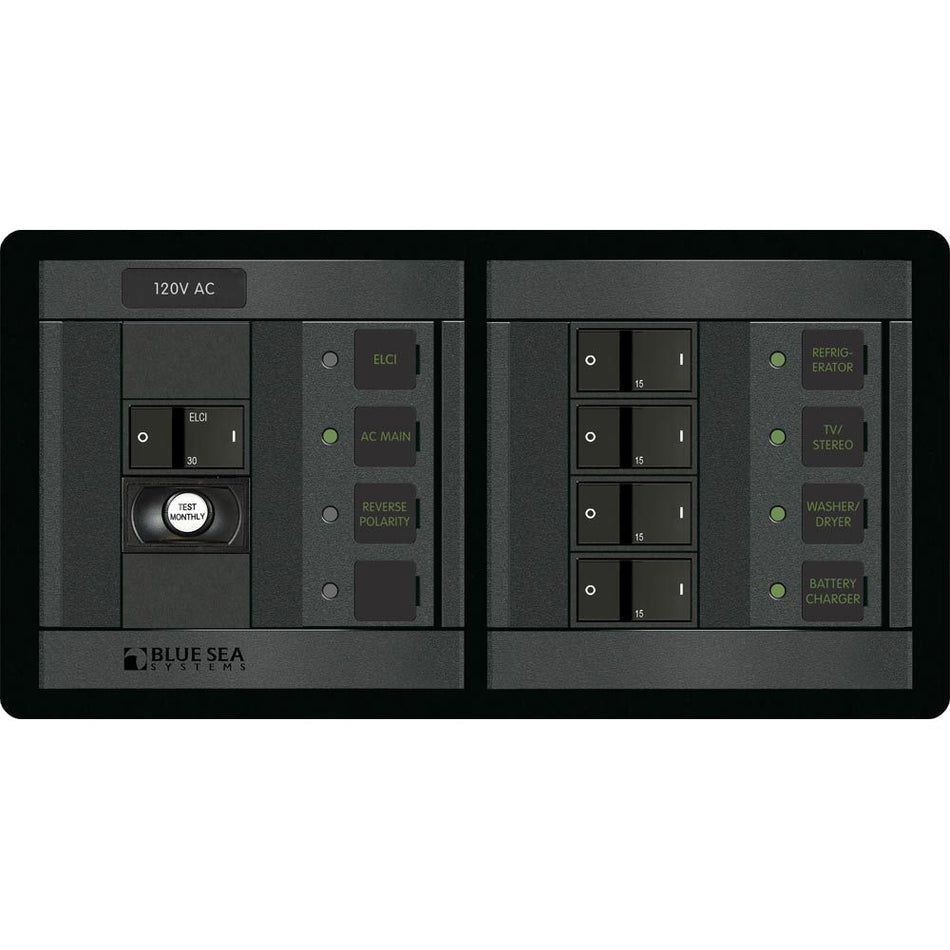 Blue Sea Systems 360 Panel ELCI Main Circuit Breaker Panel, 120V AC, 30A, Double Pole, 4 Branch Positions, Horizontal — Quality Boat Parts