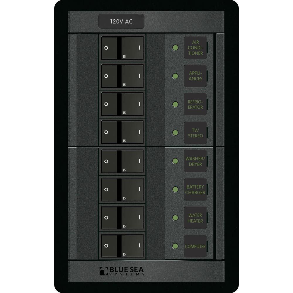Blue Sea Systems 360 AC Branch Circuit Breaker Panel, 120V AC, 8 Positions, 100A, Flat Rocker — Quality Boat Parts