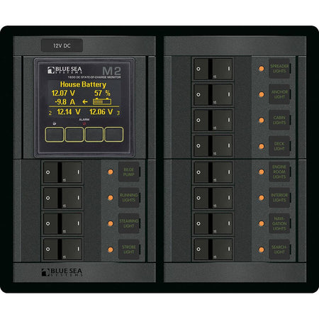 Blue Sea Systems 360 Panel DC Branch Circuit Breaker Panel, 12 Position, M2 Multimeter with SOC, Flat Rocker, 100A — Quality Boat Parts