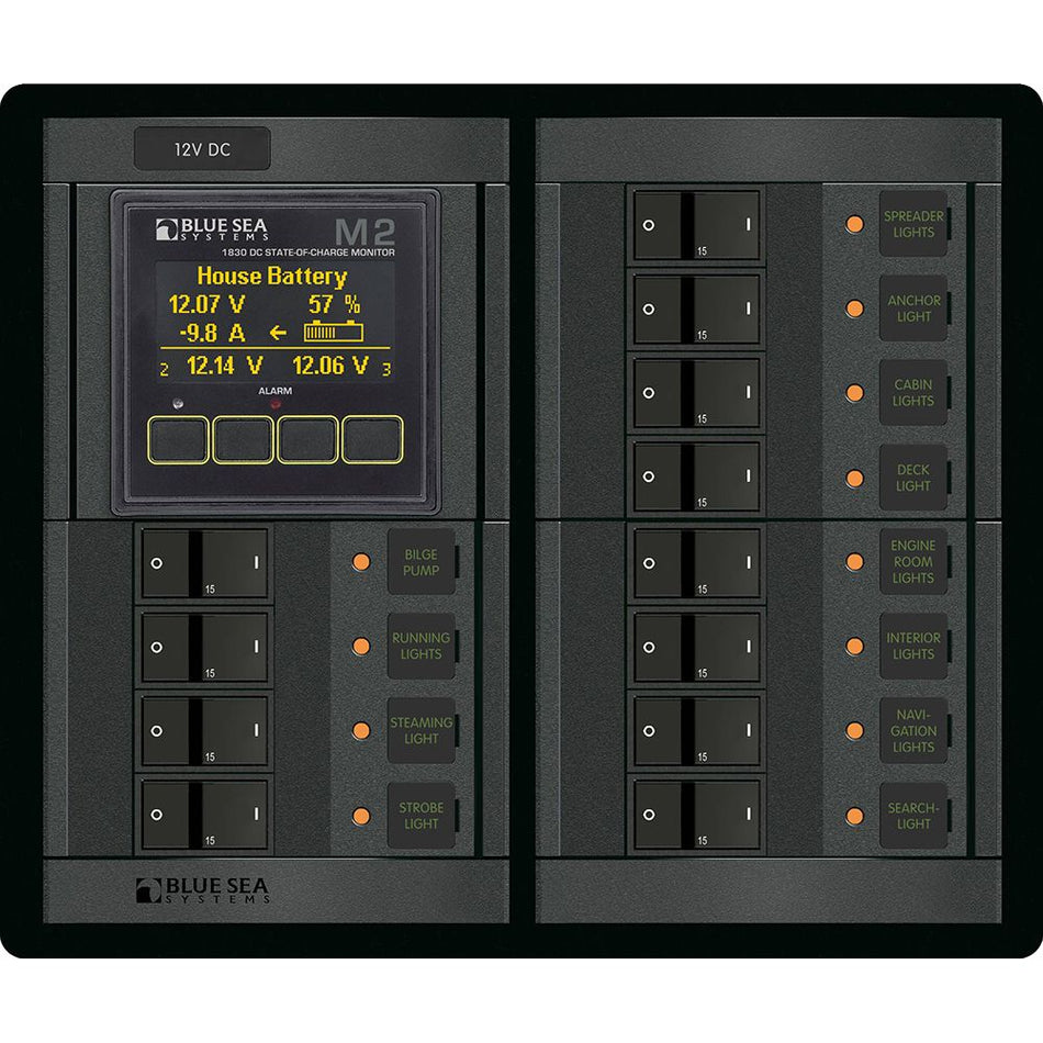 Blue Sea Systems 360 Panel DC Branch Circuit Breaker Panel, 12 Position, M2 Multimeter with SOC, Flat Rocker, 100A — Quality Boat Parts