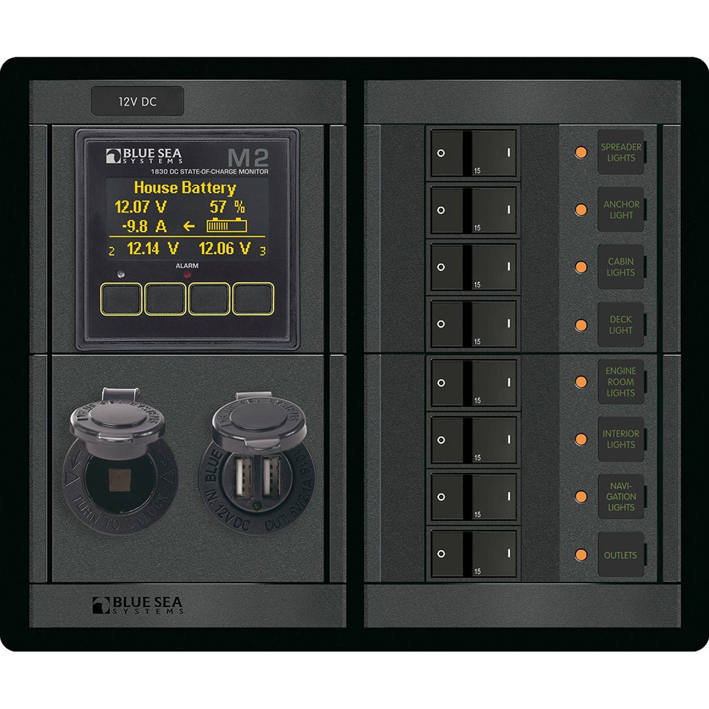 Blue Sea Systems 360 Panel 8-Position DC Branch Circuit Breaker Panel, 12V, M2 Multimeter with SOC, Dual USB 4.8A, 12V Dash Socket, 100A — Quality Boat Parts