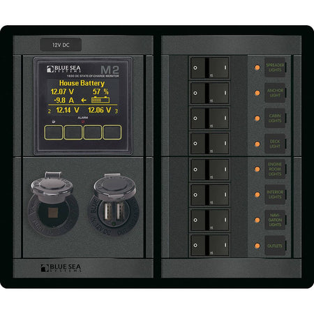 Blue Sea Systems 360 Panel 8-Position DC Branch Circuit Breaker Panel, 12V, M2 Multimeter with SOC, Dual USB 4.8A, 12V Dash Socket, 100A — Quality Boat Parts
