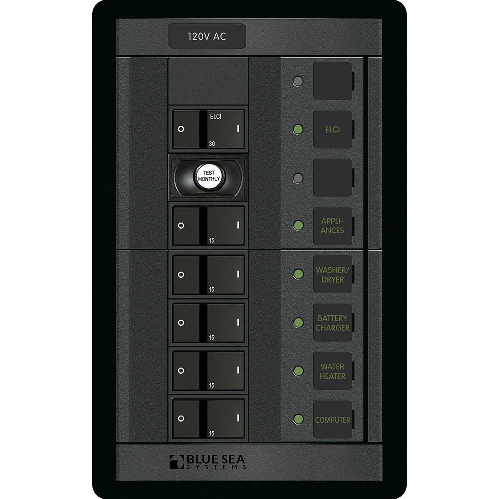 Blue Sea Systems 360 AC Circuit Breaker Panel, 30A ELCI, 5 Position, 120V AC, Flat Rocker — Quality Boat Parts